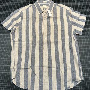 J Crew 55% / 45% Hemp / Organic Cotton Slim Large Short Sleeve Oxford Striped
